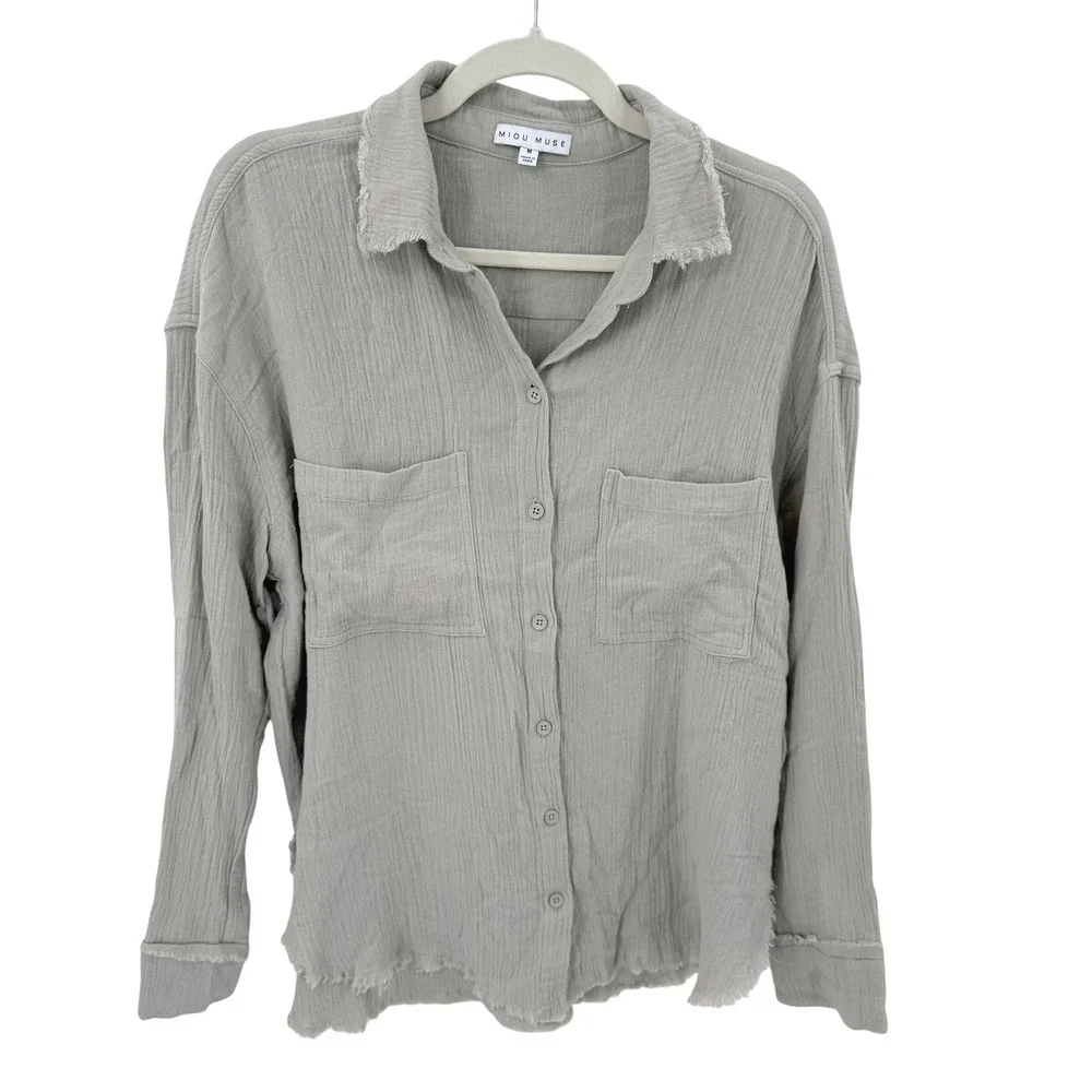 Miou Muse Tan Grey Double Gauze Cotton Raw Hem Button Down Shirt M MMT320